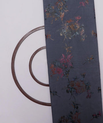 steel blue grey and brown floral foil print modal chanderi fabric b124 5707